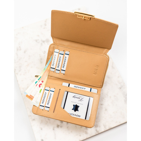 Beige Damen-Geldbörse aus Öko-Leder, quer, mit Druckknopf - Rovicky