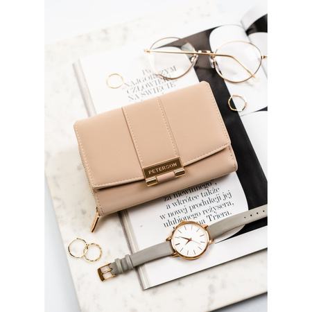 Beige Damen-Geldbörse aus Öko-Leder mit leicht gestreifter Struktur, mit Druckknopfverschluss - Peterson