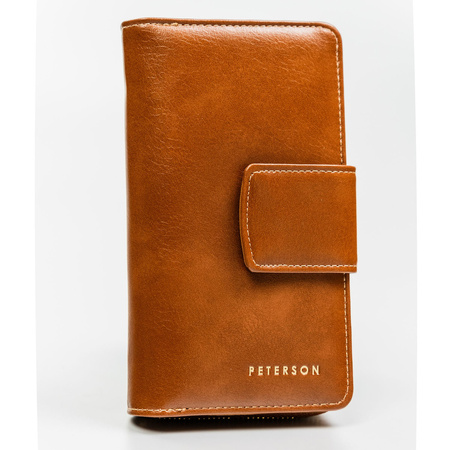 Braune, vertikale Damen Geldbörse aus Öko-Leder mit Druckknopf- und Reißverschluss – Peterson