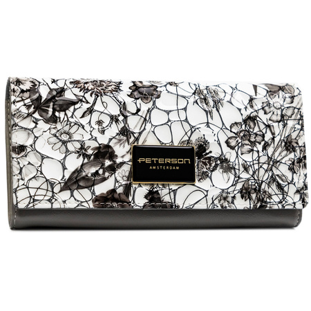 Horizontale Damen Geldbörse aus Echtleder mit buntem Blumenmuster und Druckknopfverschluss – Peterson