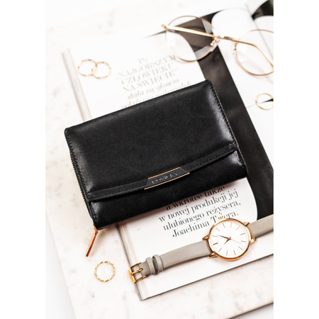 Mittelgroße Damen-Geldbörse aus Öko-Leder in Schwarz, Modell mit Platz für die Zulassungsbescheinigung - Rovicky