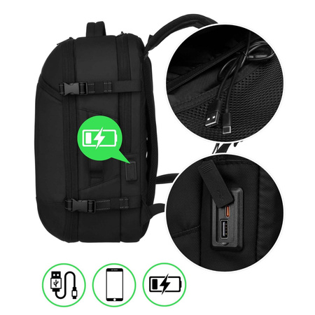 Reiserucksack in Schwarz mit Vakuumfach und USB-Anschluss – Peterson