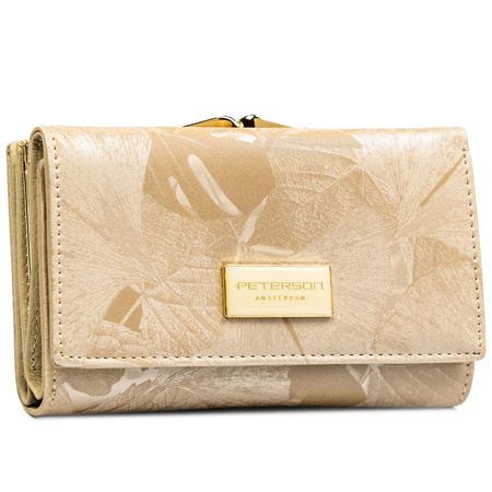 Beige Damen-Geldbörse aus Natur- und Öko-Leder mit Pflanzenmuster, verschließbar mit Bügel und Druckknopf - Peterson