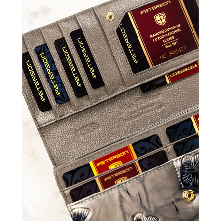 Geräumige Damen Geldbörse aus echtem Leder in Silber mit Druckknopf – Peterson