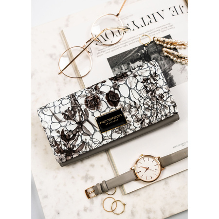 Große, horizontale Damen Geldbörse mit Druckknopf aus lackiertem Echtleder mit Blumenmuster – Peterson