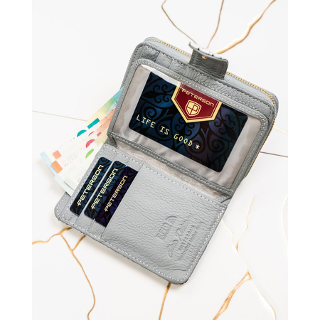 Geräumige, weiß-blaue Damen-Geldbörse aus Naturleder mit RFID-System – Peterson