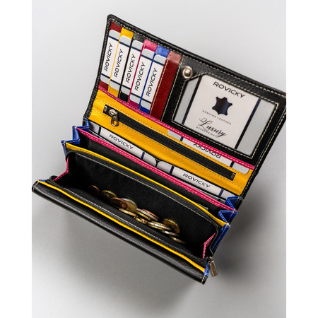 Große, schwarze Damen Geldbörse aus Leder mit Druckknopf – Rovicky