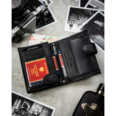 Geschenkset: vertikale Herren-Geldbörse aus Leder in Schwarz und schwarzer Gürtel aus Öko-Leder - Peterson