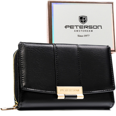 Damen-Geldbörse aus Öko-Leder, schwarz, querformatig, mit Druckknopfverschluss – Peterson