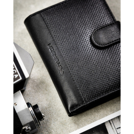 Geschenkset: vertikale Herren-Geldbörse aus Leder in Schwarz und schwarzer Gürtel aus Öko-Leder - Peterson