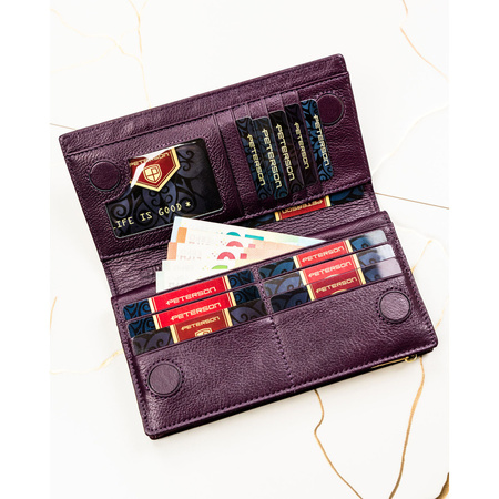 Damen-Geldbörse aus Natur- und Öko-Leder in violetter Farbe, mit Magnet und Reißverschluss verschließbar - Peterson