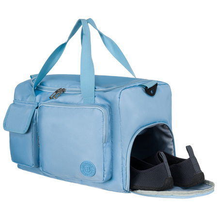 Hellblaue Sport-Reisetasche aus Polyester mit Schultergurt und Koffergurt – Peterson