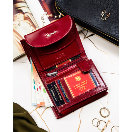 Rote Damen-Geldbörse aus Leder mit RFID-System, mit Druckknopf verschließbar – Peterson