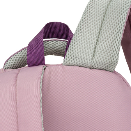 Weicher Schulrucksack aus Polyester in weiß-lila Farbe, aufgehängt an verstellbaren Trägern - Peterson