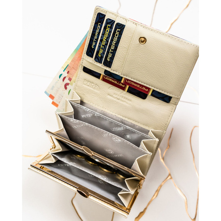 Damen-Geldbörse mit Blumenmuster aus Natur- und Öko-Leder, mit Druckknopfverschluss – Peterson