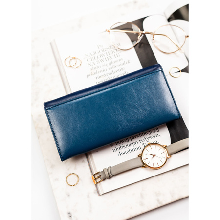 Große, horizontale Damen-Geldbörse aus echtem und Öko-Leder in Marineblau – Peterson