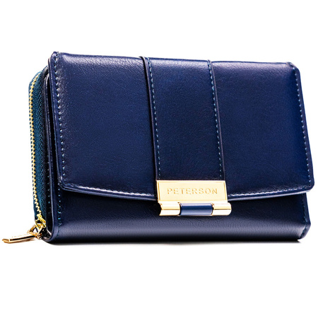 Damen-Geldbörse aus Öko-Leder, horizontal, dunkelblau, mit Druckknopfverschluss – Peterson