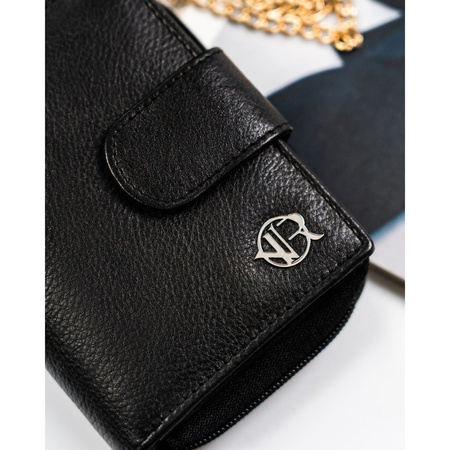 Schwarze Damen Geldbörse im Hochformat aus Leder mit Druckknopf – Rovicky