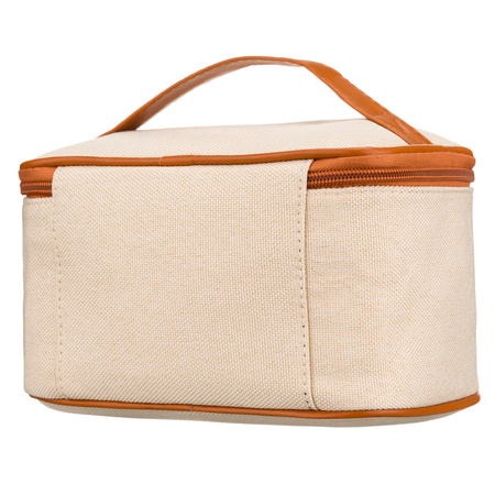 Beige-braune Kosmetiktasche aus synthetischem Stoff ausgestattet mit einem Griff, mit Reißverschluss geschlossen - Peterson