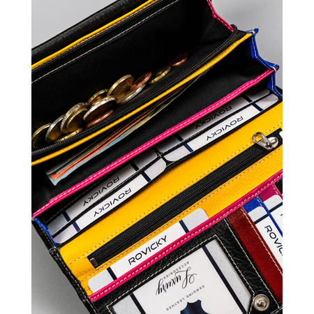 Große, schwarze Damen Geldbörse aus Leder mit Druckknopf – Rovicky