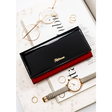 Geräumige Damen Geldbörse aus Leder mit RFID-Schutz in Schwarz-Rot – Peterson