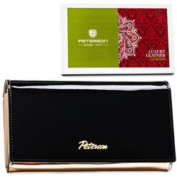 Große, horizontale Damen Geldbörse in Schwarz-Gold mit Druckknopfverschluss – Peterson