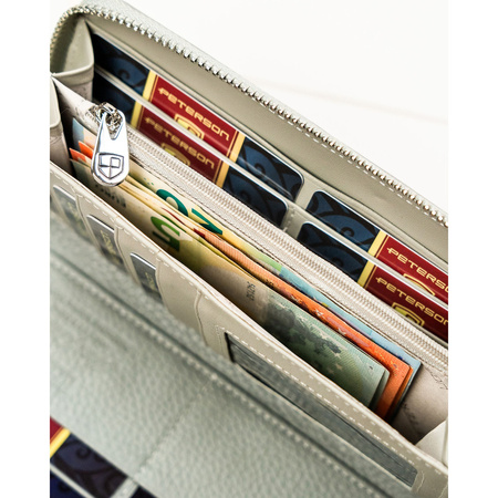 Graue Damen-Geldbörse im Federmäppchen-Stil mit Pflanzenmuster, hergestellt aus Natur- und Öko-Leder - Peterson