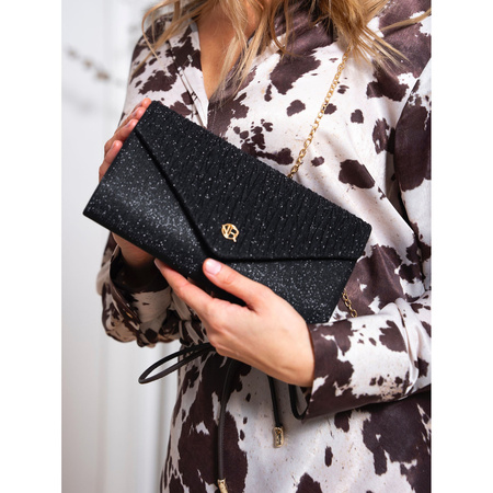 Schwarze Damen Clutch mit Fischgrätmuster und Kettenträger – Rovicky