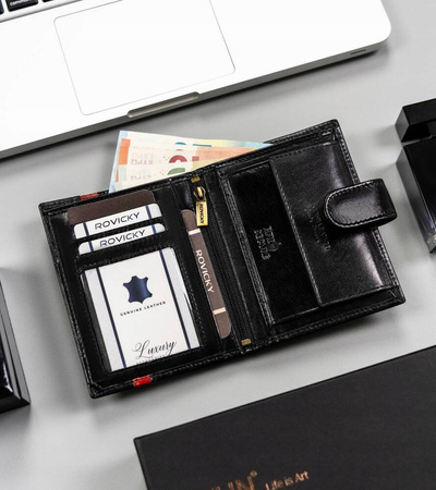 Große Herren Geldbörse aus Leder mit RFID-System und Druckknopfverschluss – Rovicky