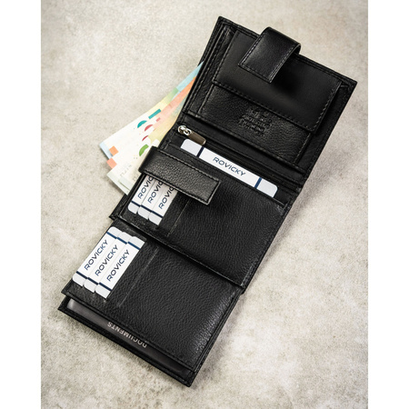 Große Herren-Geldbörse aus echtem Leder in Schwarz, passend für Fahrzeugschein, mit Druckknopfverschluss - Rovicky