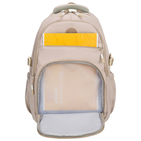 Beiger, modischer Schulrucksack aus Polyester, aufgehängt an verstellbaren Schultergurten – Peterson