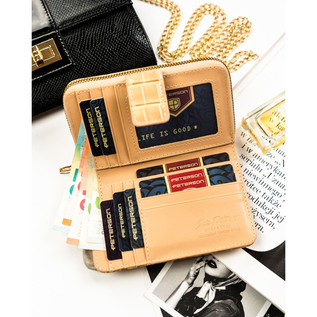 Beige Damen-Geldbörse aus Öko-Leder mit Krokodilhaut-Prägung, mit Druckknopf und Reißverschluss verschließbar - Peterson