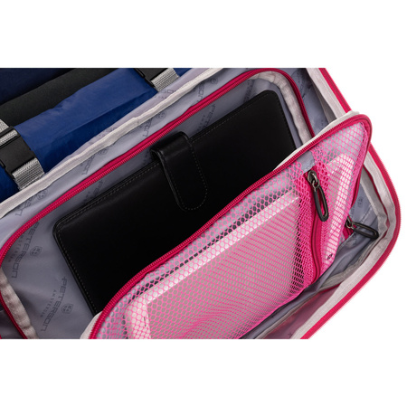 Rosa Reise-Rucksack aus Polyester mit einem Gurt zur Befestigung am Koffer – Peterson