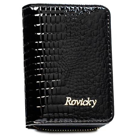 Damen-Geldbörse aus Leder in Schwarz mit Reißverschluss und Druckknopf – Rovicky