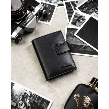 Große Herren-Geldbörse aus echtem Leder in Schwarz, passend für Fahrzeugschein, mit Druckknopfverschluss - Rovicky