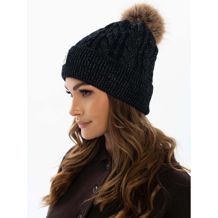 Schwarze, umgeschlagene Damen Mütze mit Bommel – Peterson