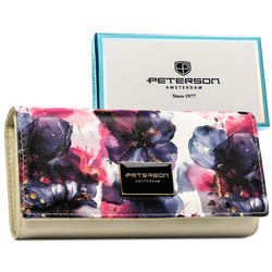 Damen-Geldbörse mit Blumenmuster aus Natur- und Öko-Leder, mit Druckknopfverschluss – Peterson