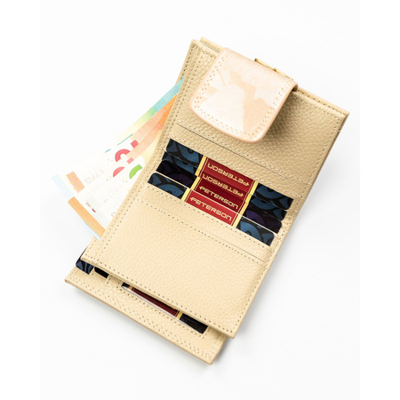 Kleine, beige Damen-Geldbörse, mit Bügelverschluss und Druckknopf geschlossen, mit Pflanzenmuster bedeckt – Peterson