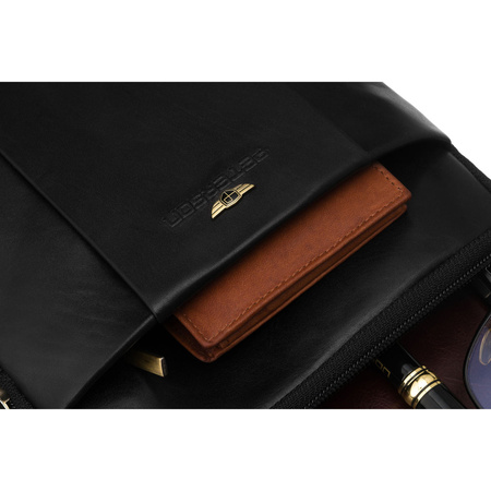 Zweifach unterteilte, schwarze Herren-Umhängetasche aus Naturleder, aufgehängt an einem verstellbaren Gürtel – Peterson