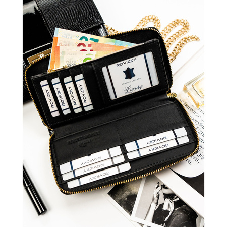 Lackierte Federmappen-Geldbörse aus echtem Leder in Schwarz mit Reißverschluss - Rovicky