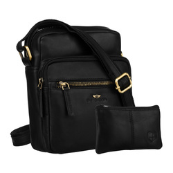 Herren-Umhängetasche aus Leder in Schwarz, am Gürtel befestigt. Inklusive Schlüsseltasche – Peterson