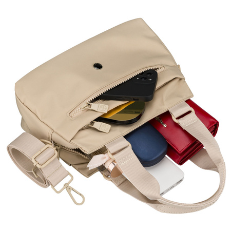 Beigefarbene, praktische Damen-Umhängetasche aus Polyester, aufgehängt an Griffen und einem abnehmbaren Gürtel – Peterson
