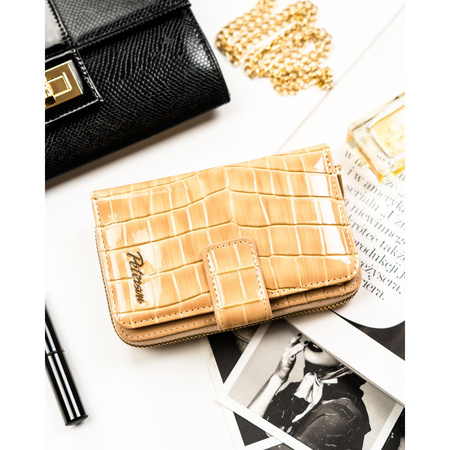 Beige Damen-Geldbörse aus Öko-Leder mit Krokodilhaut-Prägung, mit Druckknopf und Reißverschluss verschließbar - Peterson