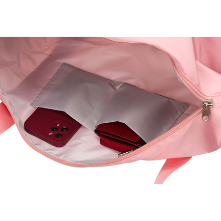 Rosafarbene Wochenendtasche aus strapazierfähigem Polyester, aufgehängt an bequemen Griffen - Peterson