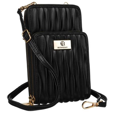 Schwarze Handtasche-Portemonnaie aus Öko-Leder mit modischen Falten vorn – Rovicky