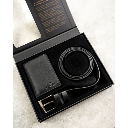 Geschenkset: vertikale Herren-Geldbörse aus Leder in Schwarz mit RFID-System und Gürtel aus Öko-Leder - Peterson