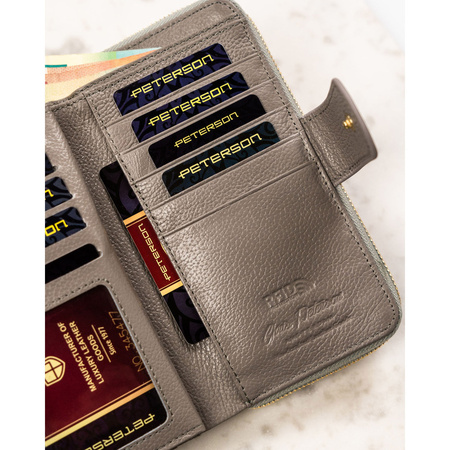 Große, vertikale Damen Geldbörse aus echtem Leder in Silber mit geprägten Schmetterlingen – Peterson