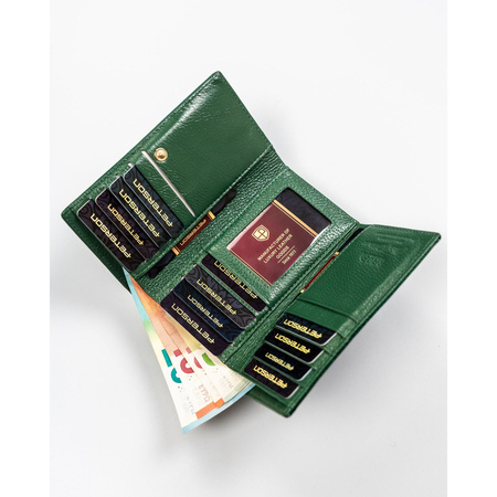Mittelgroße Damen Geldbörse mit Bügel- und Druckknopfverschluss aus grünem Echtleder – Peterson