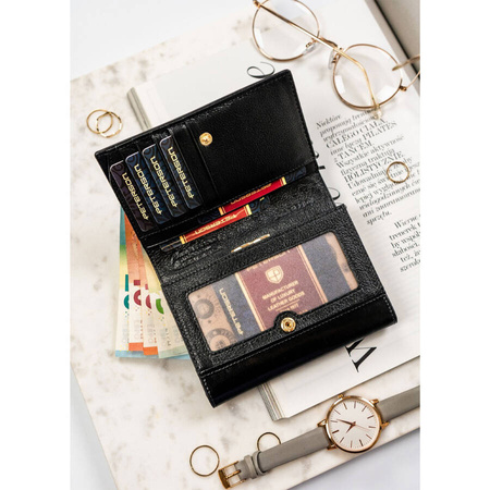 Kompakte Damen Geldbörse aus Echtleder in Schwarz mit Druckknopfverschluss – Peterson