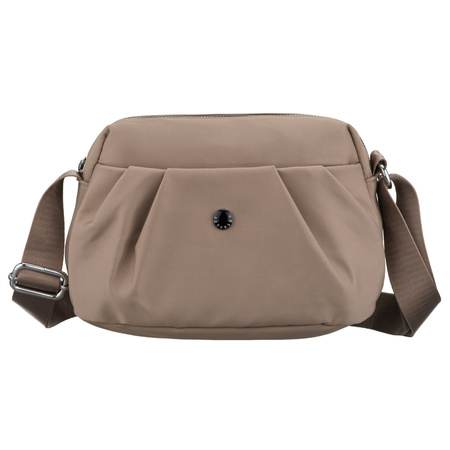 Beigefarbene, handliche Damen-Umhängetasche aus Polyester, aufgehängt an einem breiten Gürtel – Peterson